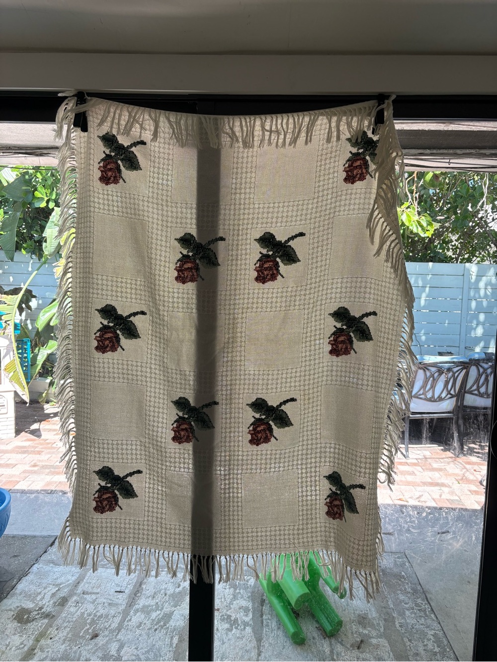 Vintage Hand Sewn Needlepoint Rose Throw Blanket